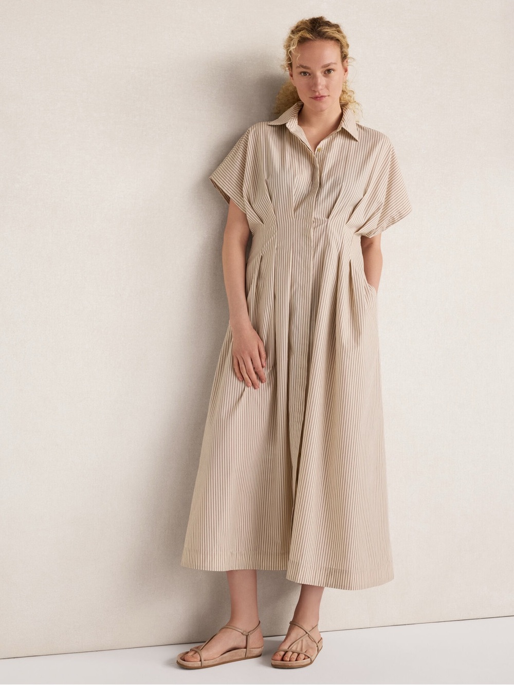 Striped Midi Shirt Dress in Light Blue -